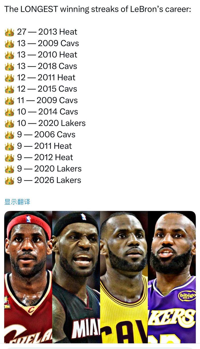 詹姆斯生涯连胜纪录再添新篇 热火27连胜创历史